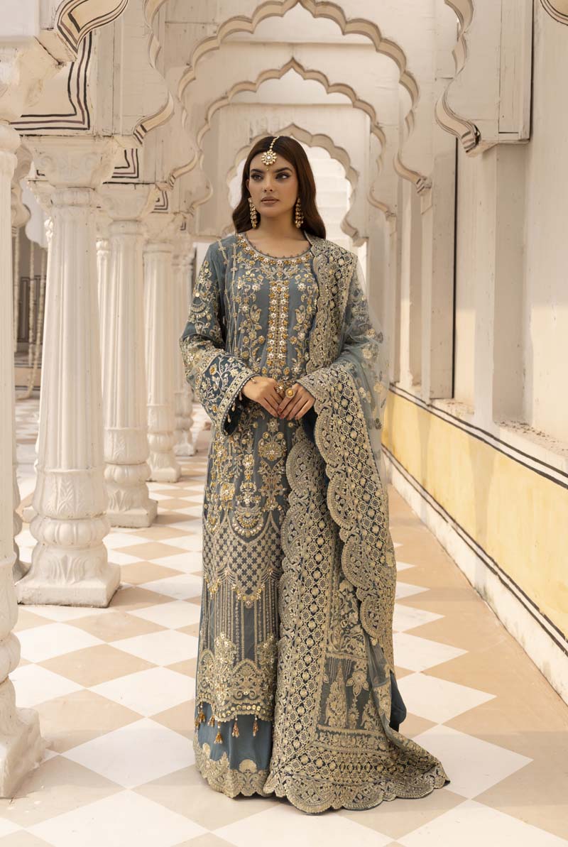 Imrozia Premium Inspired Embroidered 3 Piece Green Palazzo Wedding Outfit - Desi Posh