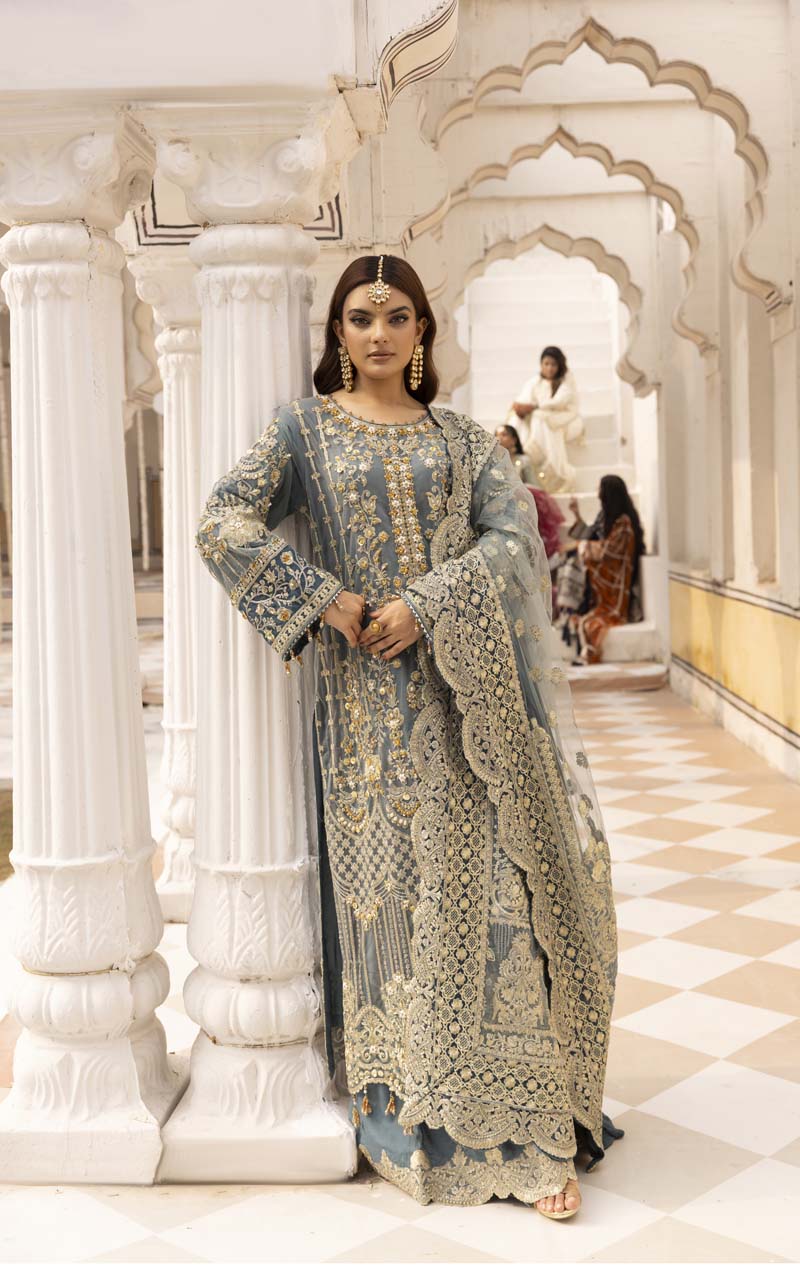 Imrozia Premium Inspired Embroidered 3 Piece Green Palazzo Wedding Outfit - Desi Posh