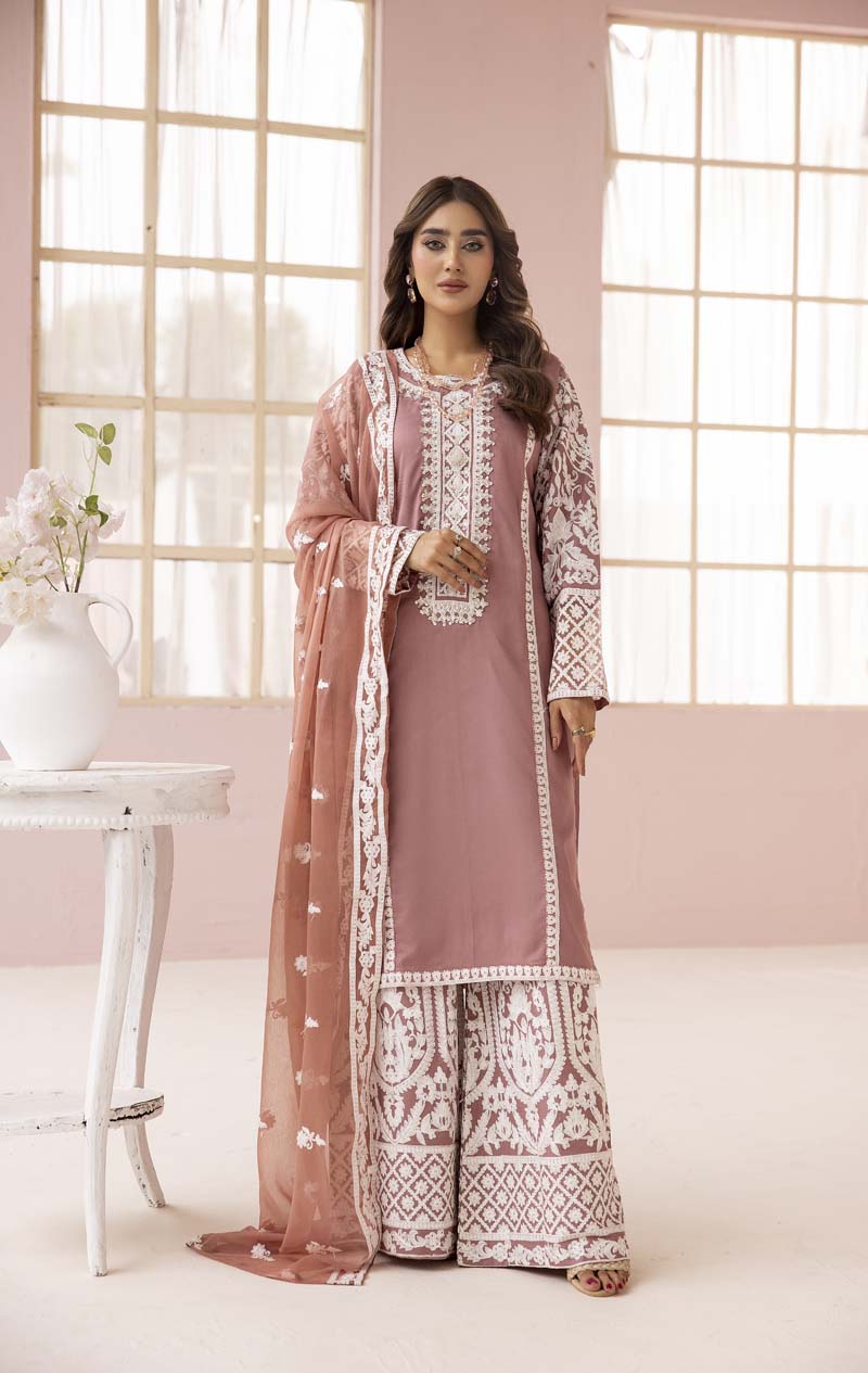 Fiza Taupe Embroidered Eid 3 Piece Suit With Chiffon Dupatta - Desi Posh
