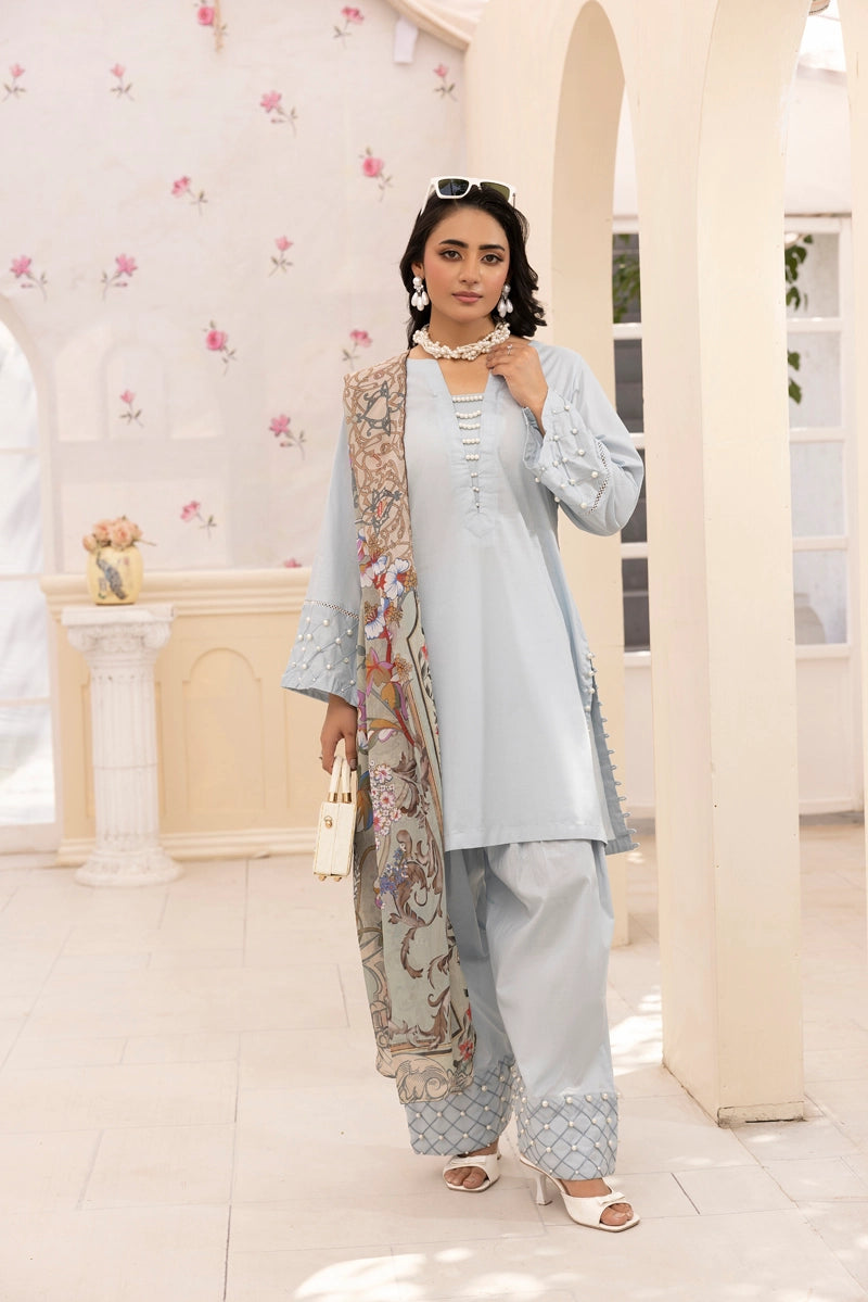 Nakhra 3 Piece Blue Suit with Digital Print Silk Dupatta PPD2504 - Desi Posh