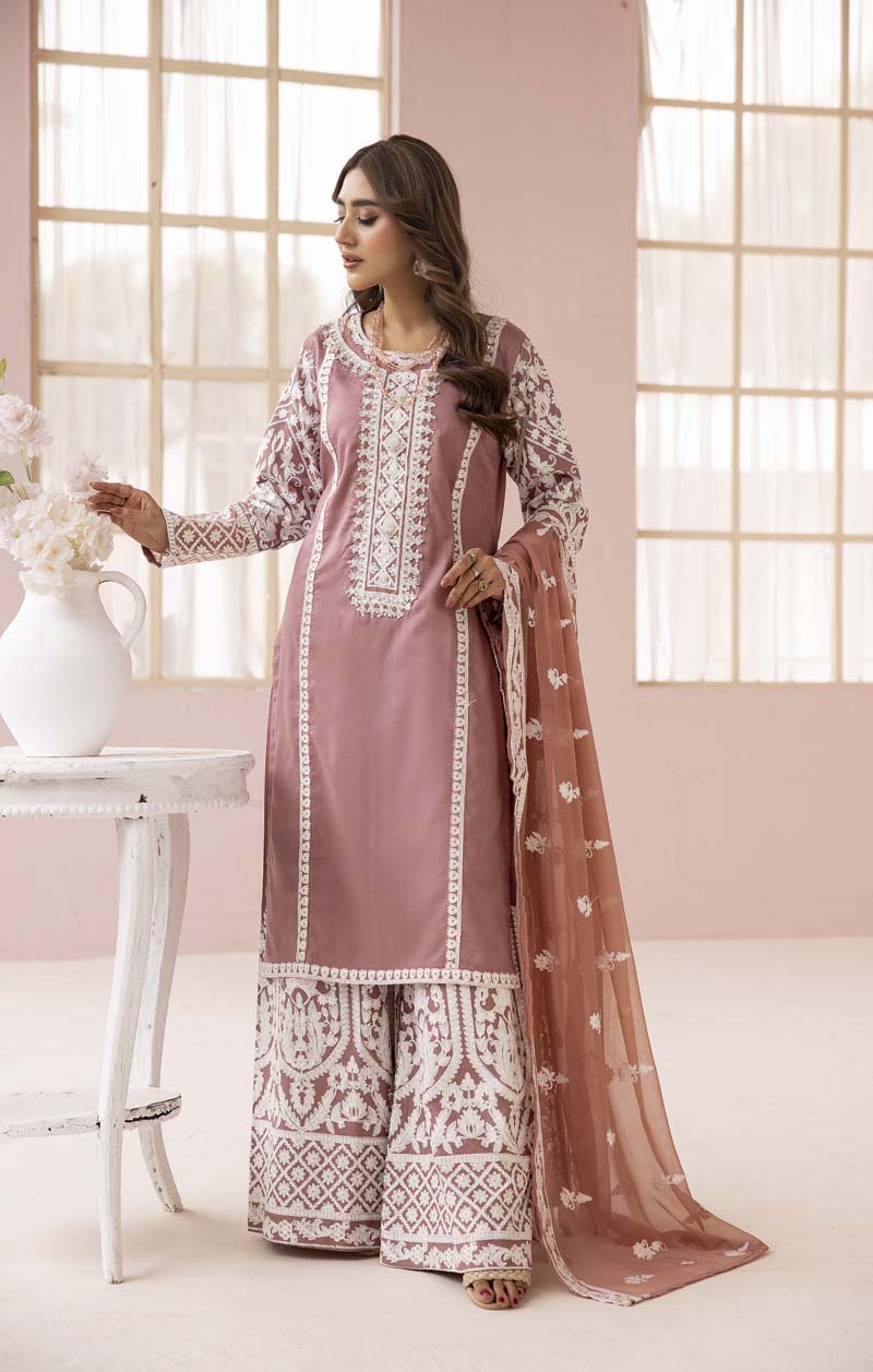Fiza Taupe Embroidered Eid 3 Piece Suit With Chiffon Dupatta - Desi Posh