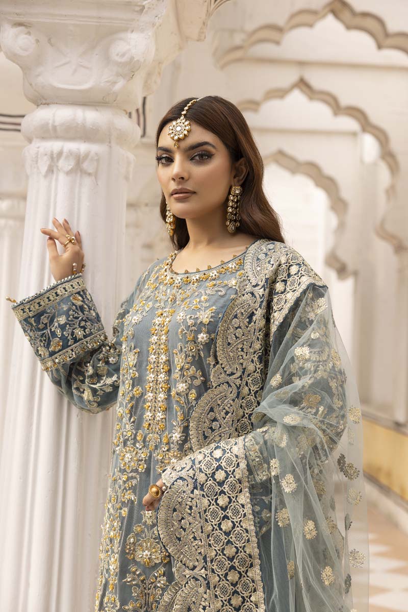 Imrozia Premium Inspired Embroidered 3 Piece Green Palazzo Wedding Outfit - Desi Posh
