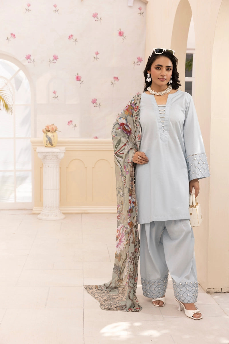 Nakhra 3 Piece Blue Suit with Digital Print Silk Dupatta PPD2504 - Desi Posh