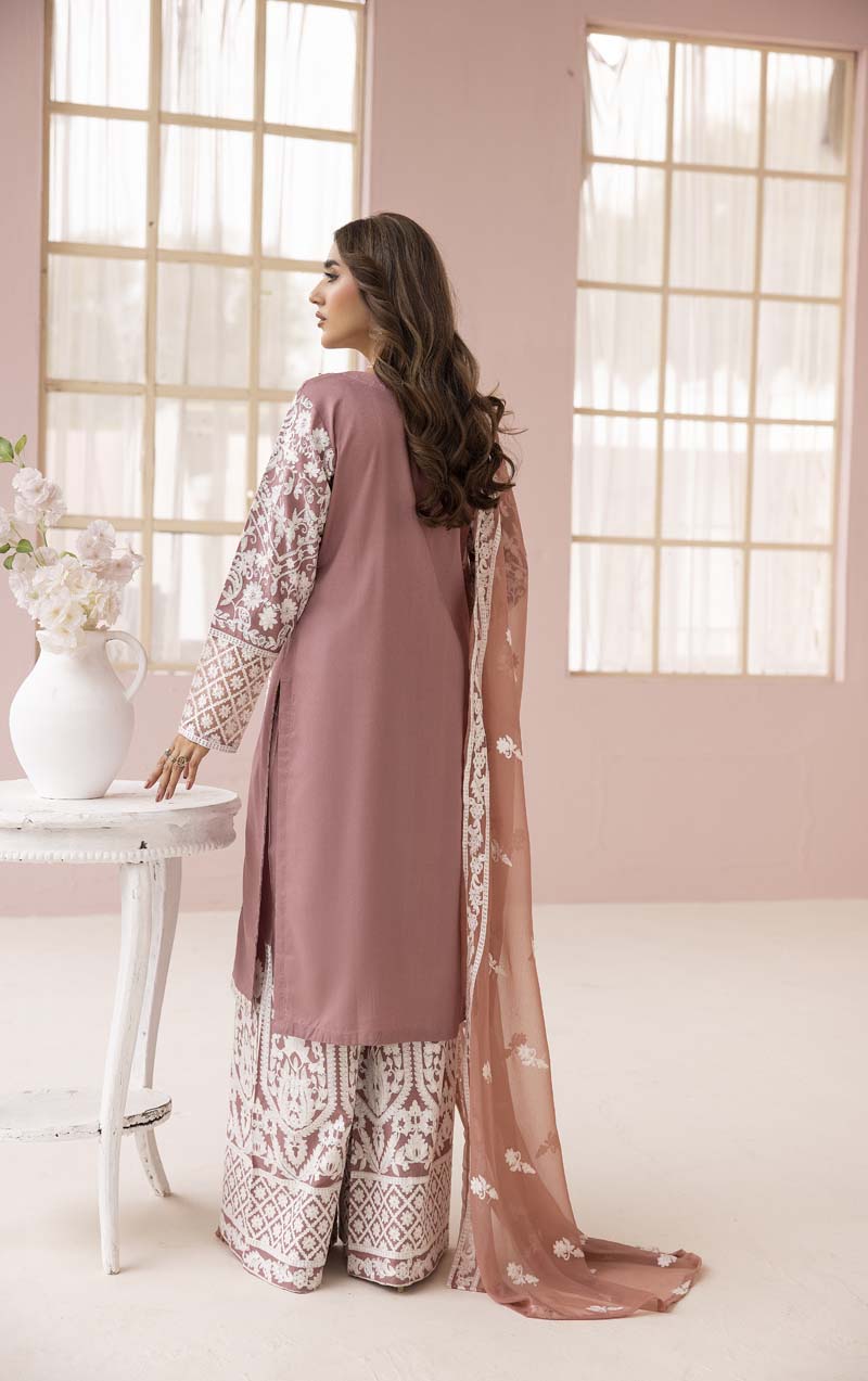Fiza Taupe Embroidered Eid 3 Piece Suit With Chiffon Dupatta - Desi Posh