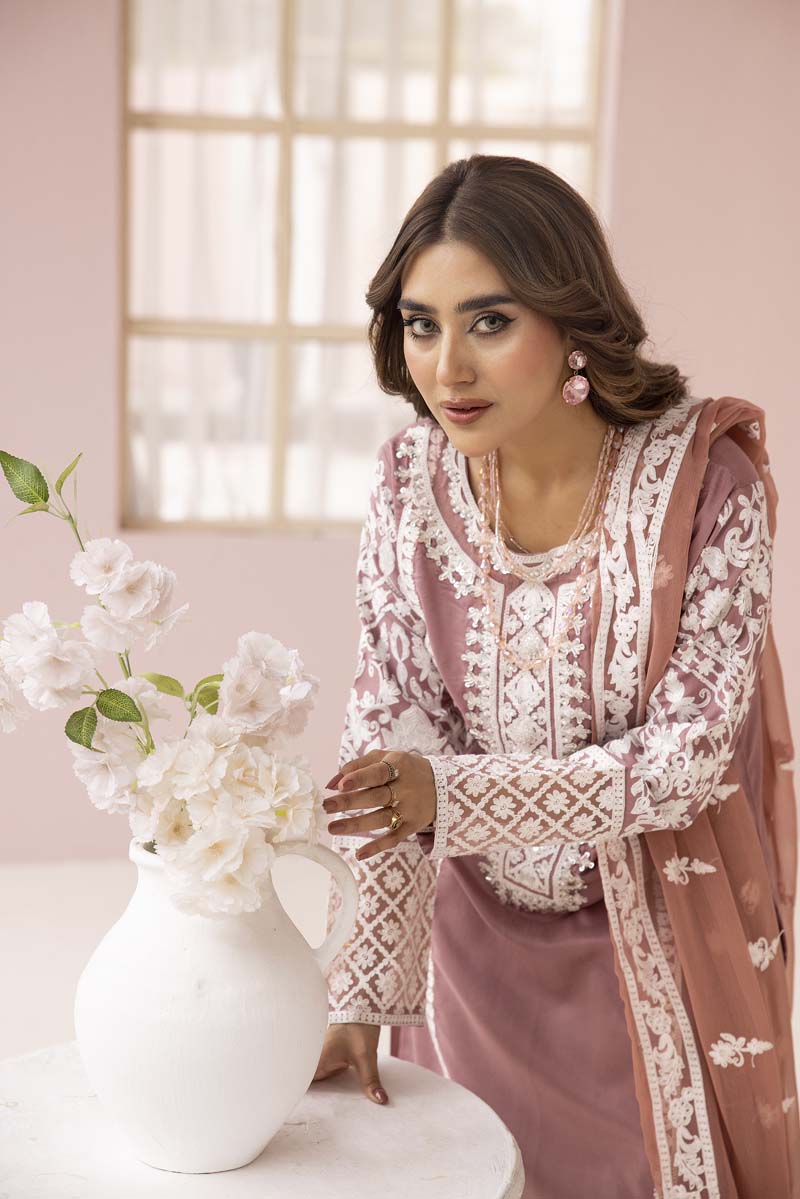 Fiza Taupe Embroidered Eid 3 Piece Suit With Chiffon Dupatta - Desi Posh
