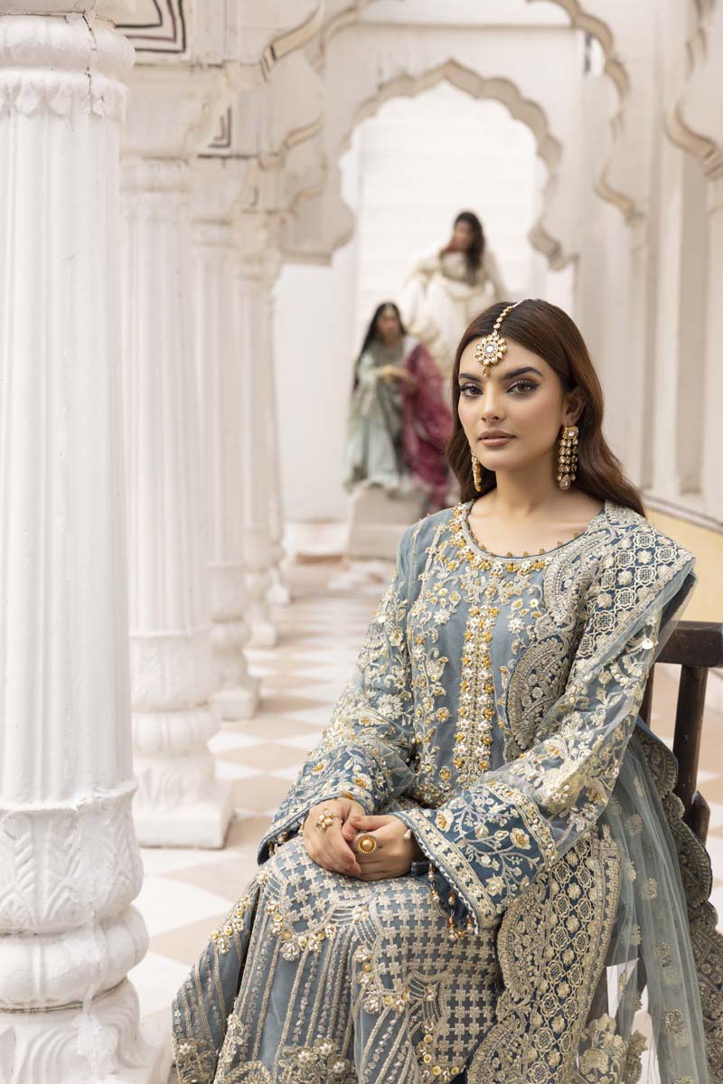 Imrozia Premium Inspired Embroidered 3 Piece Green Palazzo Wedding Outfit - Desi Posh