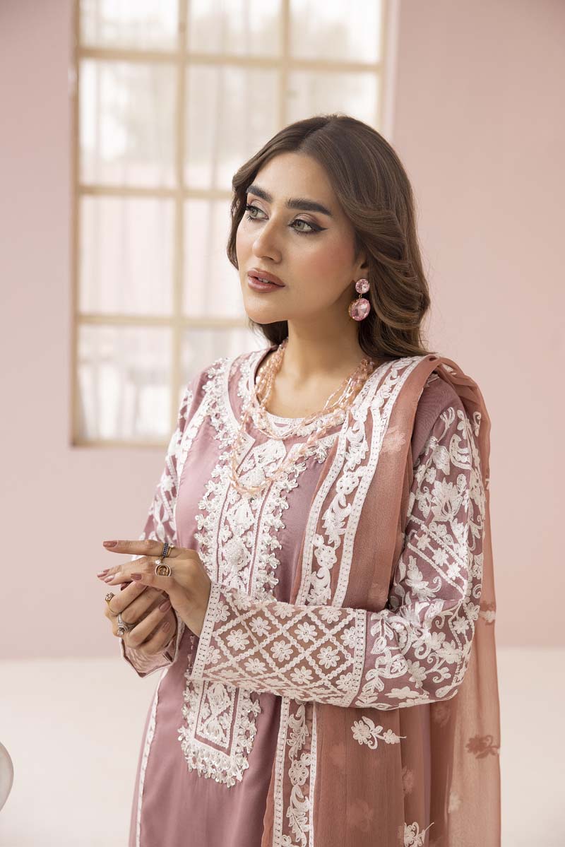 Fiza Taupe Embroidered Eid 3 Piece Suit With Chiffon Dupatta - Desi Posh