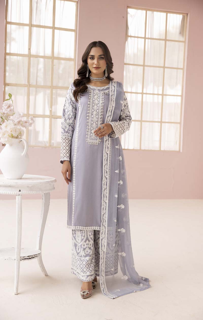 Fiza Grey Embroidered Eid 3 Piece Suit With Chiffon Dupatta - Desi Posh