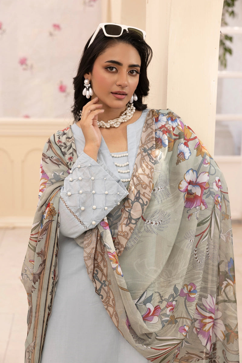 Nakhra 3 Piece Blue Suit with Digital Print Silk Dupatta PPD2504 - Desi Posh