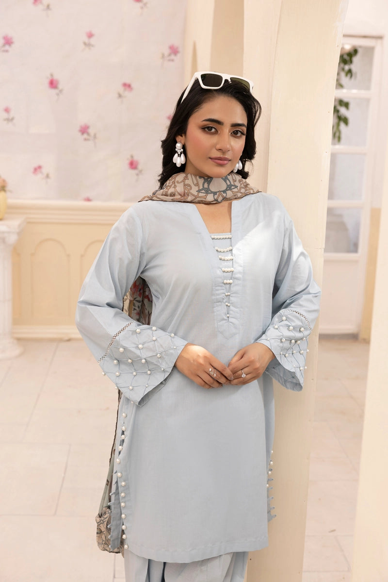 Nakhra 3 Piece Blue Suit with Digital Print Silk Dupatta PPD2504 - Desi Posh