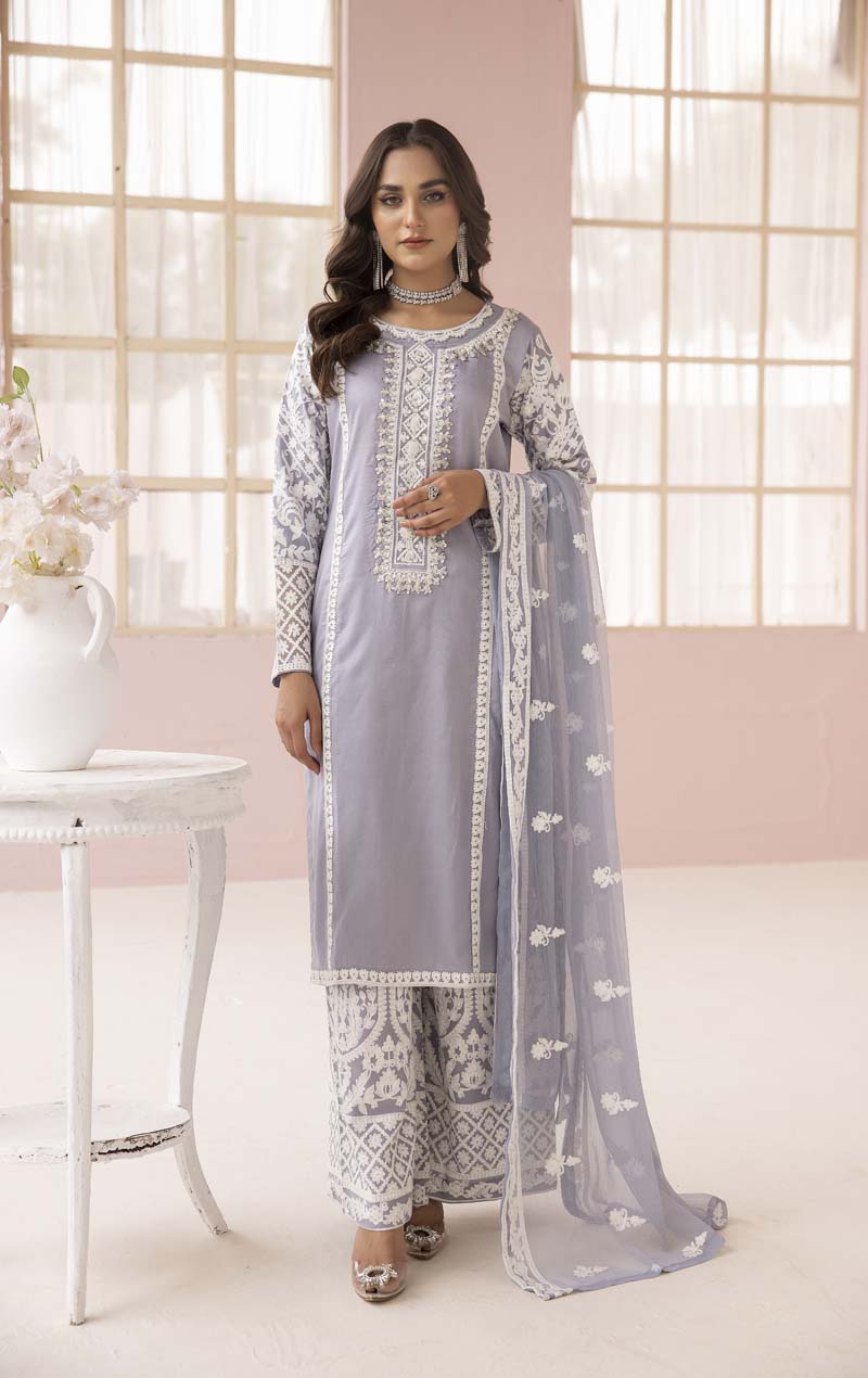Fiza Grey Embroidered Eid 3 Piece Suit With Chiffon Dupatta - Desi Posh