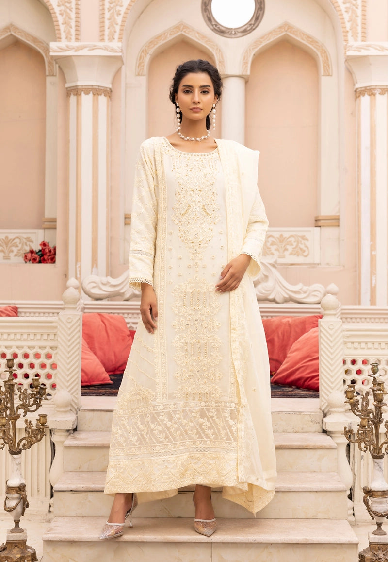 Maria B Inspired Mbroidered Chiffon 3 Piece Wedding Long Dress Cream
