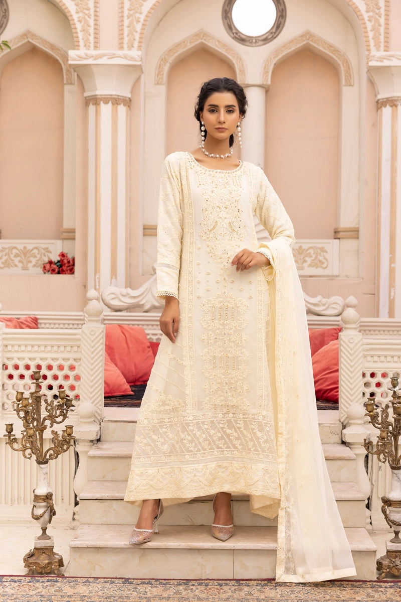 Maria B Inspired Mbroidered Chiffon 3 Piece Wedding Long Dress Cream