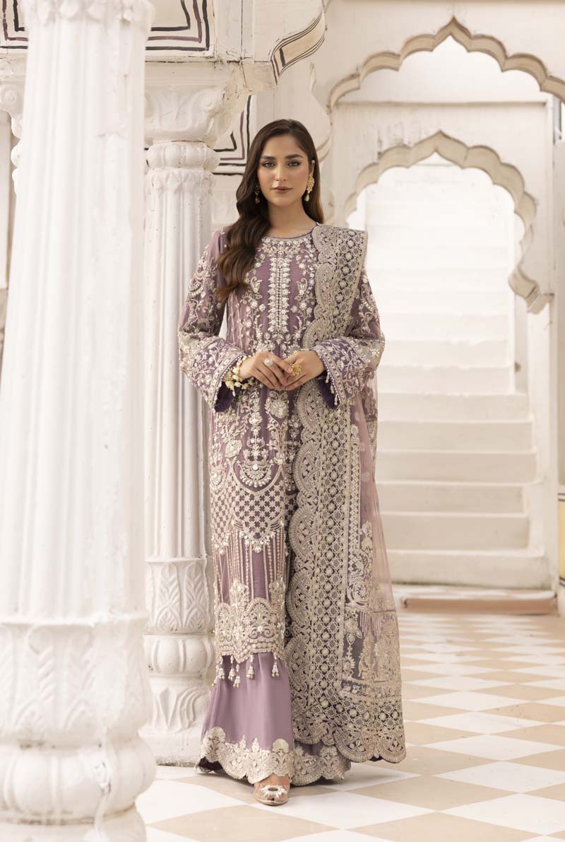Imrozia Premium Inspired Embroidered 3 Piece Lilac Palazzo Wedding Outfit - Desi Posh