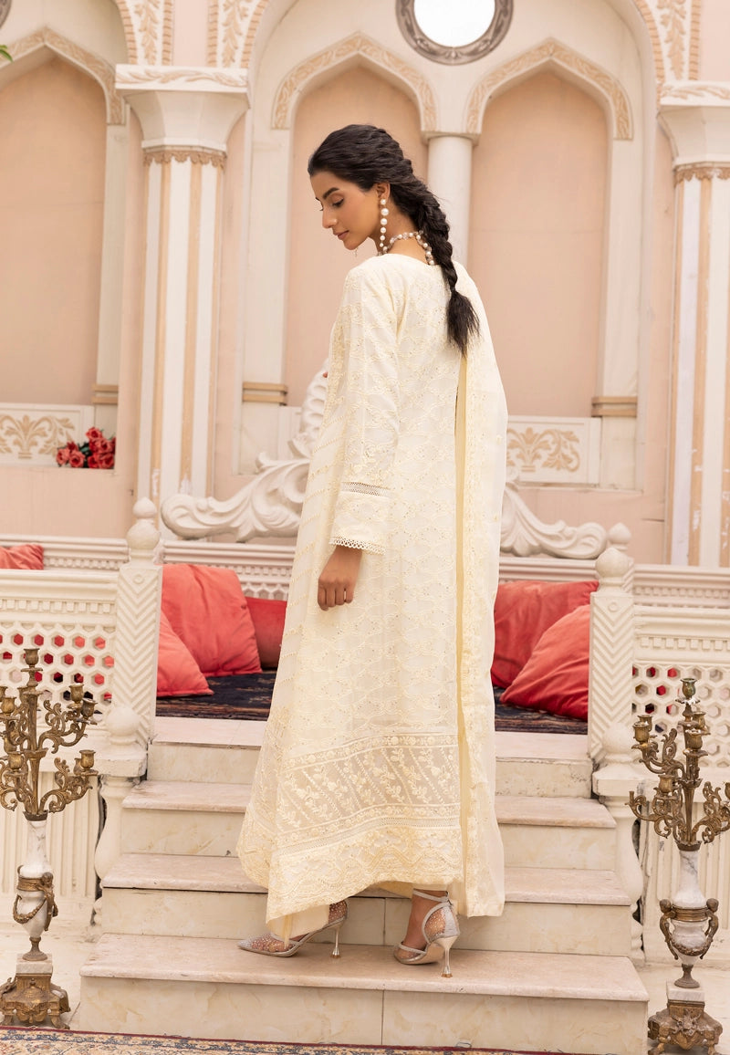 Maria B Inspired Mbroidered Chiffon 3 Piece Wedding Long Dress Cream