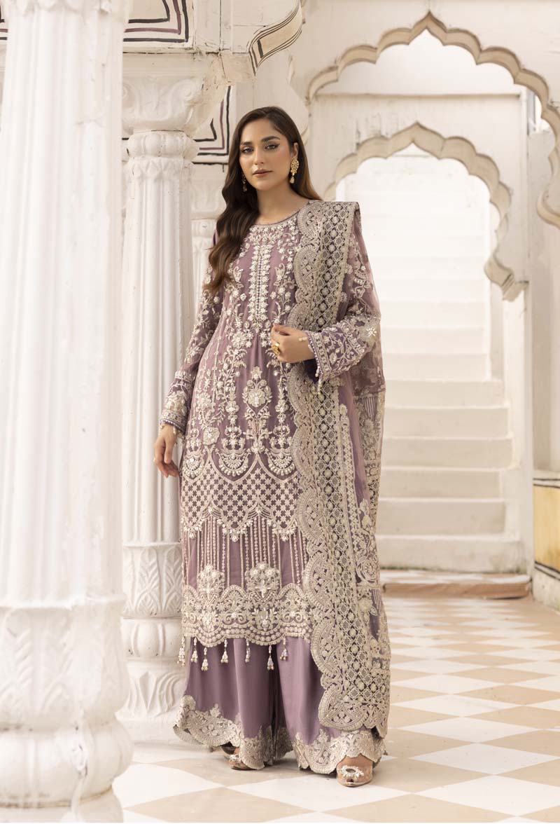 Imrozia Premium Inspired Embroidered 3 Piece Lilac Palazzo Wedding Outfit - Desi Posh