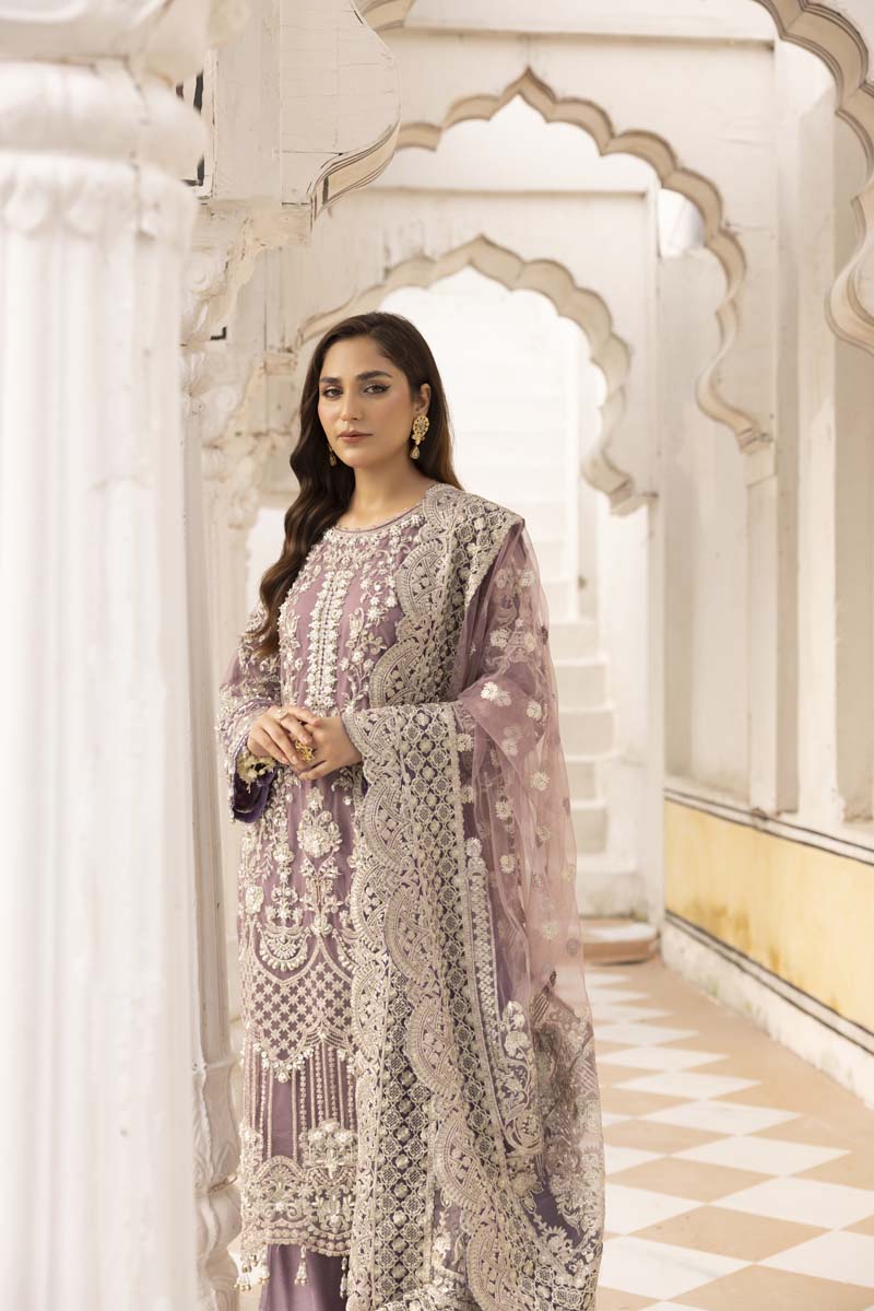 Imrozia Premium Inspired Embroidered 3 Piece Lilac Palazzo Wedding Outfit - Desi Posh