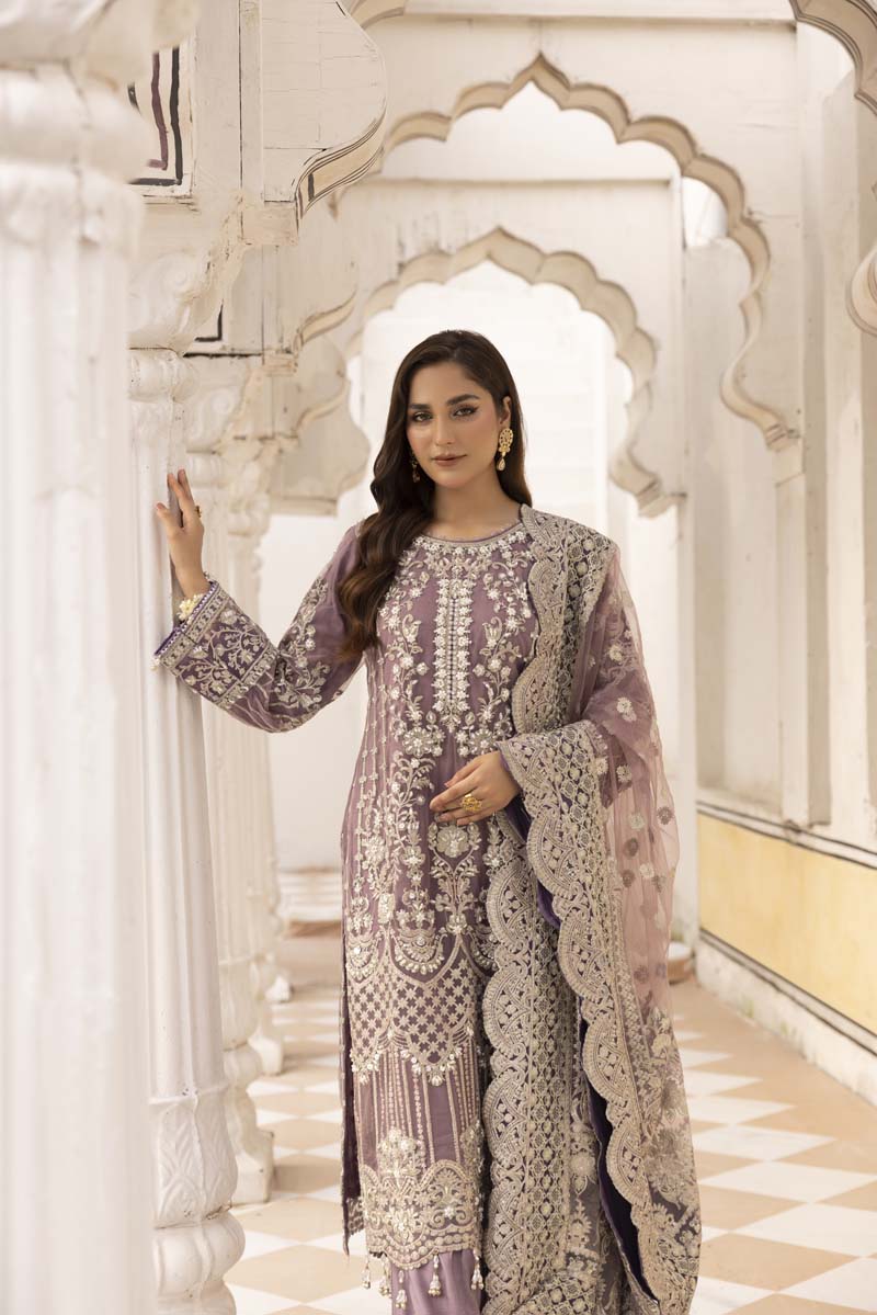 Imrozia Premium Inspired Embroidered 3 Piece Lilac Palazzo Wedding Outfit - Desi Posh