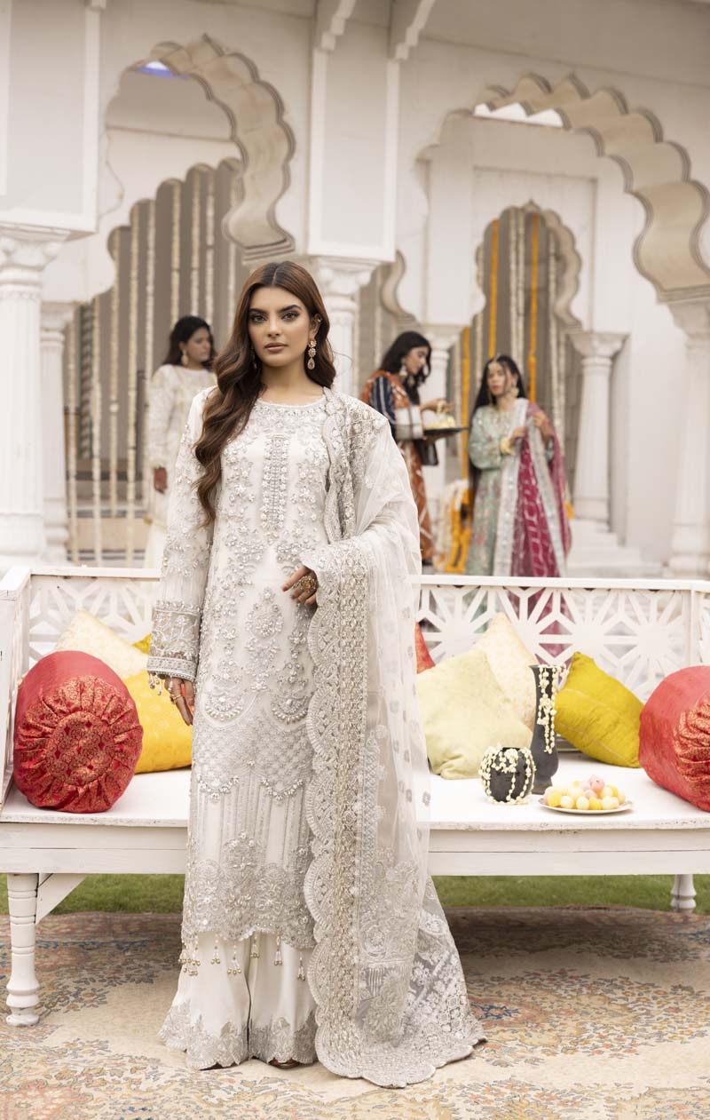 Imrozia Premium Inspired Embroidered 3 Piece White Palazzo Wedding Outfit - Desi Posh