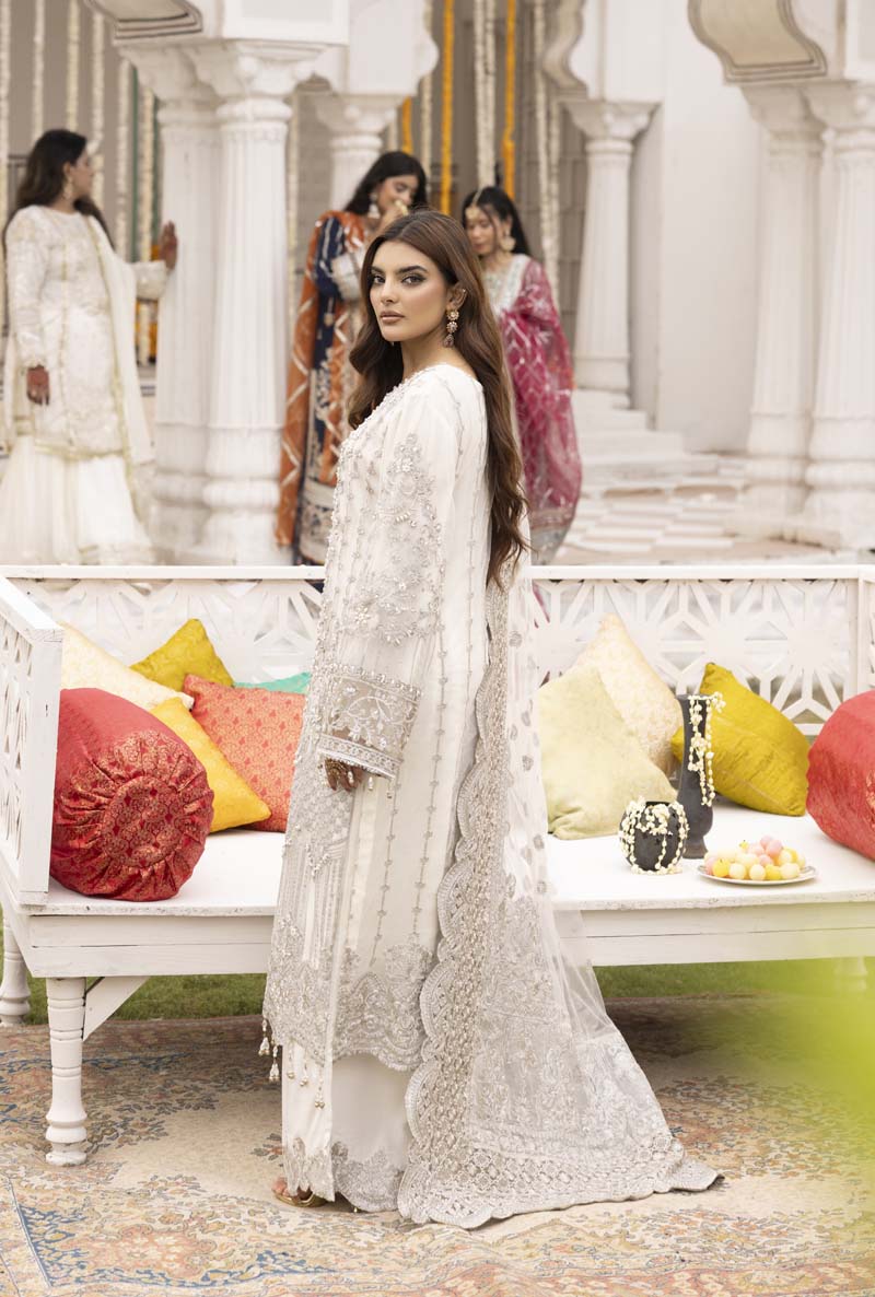 Imrozia Premium Inspired Embroidered 3 Piece White Palazzo Wedding Outfit - Desi Posh
