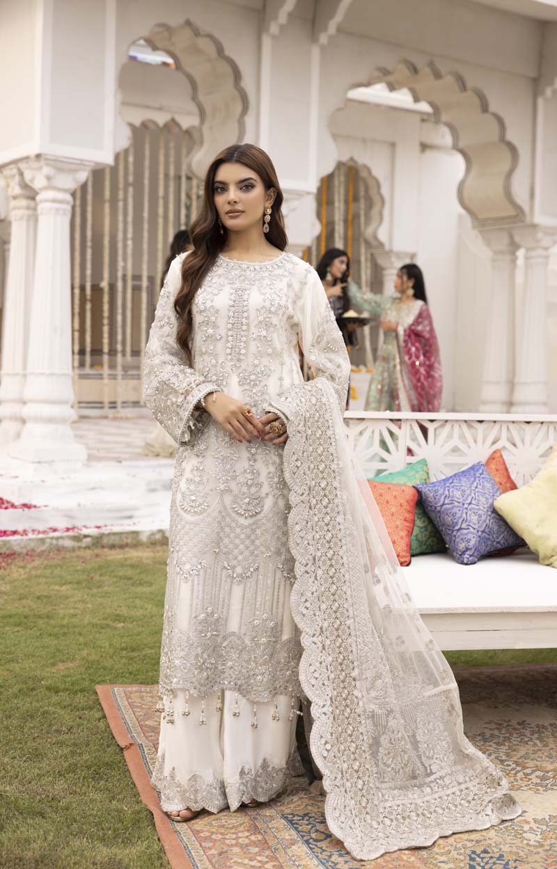 Imrozia Premium Inspired Embroidered 3 Piece White Palazzo Wedding Outfit - Desi Posh