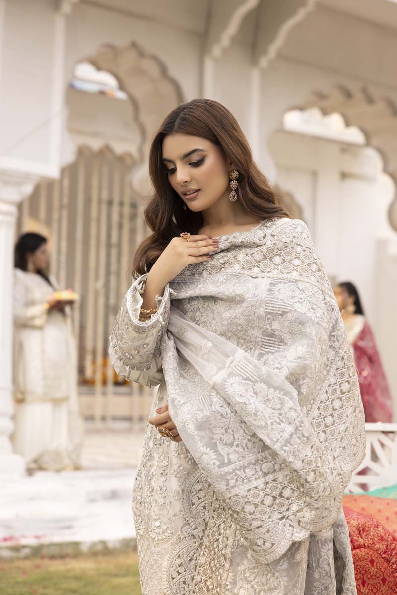 Imrozia Premium Inspired Embroidered 3 Piece White Palazzo Wedding Outfit - Desi Posh