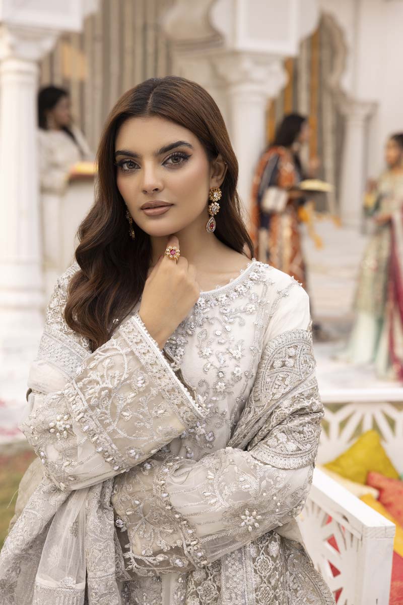 Imrozia Premium Inspired Embroidered 3 Piece White Palazzo Wedding Outfit - Desi Posh