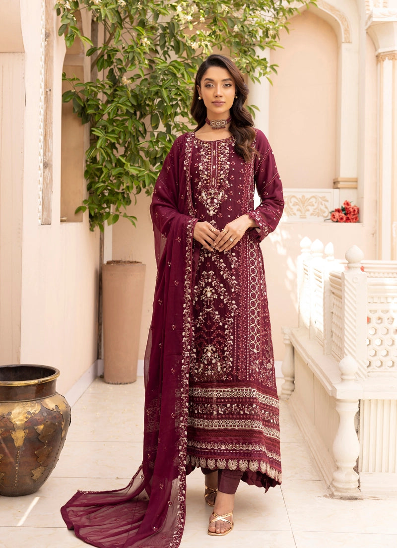 Maria B Inspired Mbroidered Chiffon 3 Piece Wedding Long Dress Maroon - Desi Posh