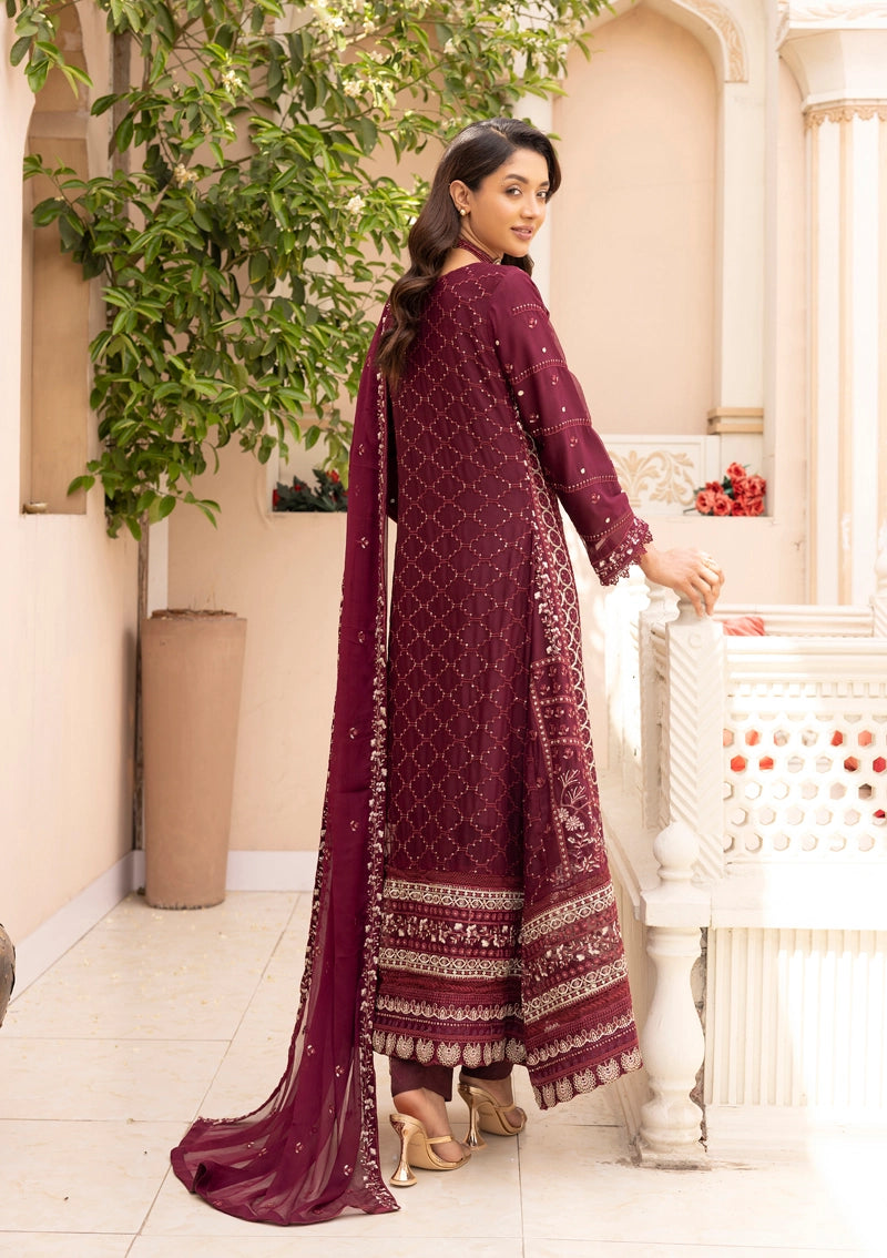 Maria B Inspired Mbroidered Chiffon 3 Piece Wedding Long Dress Maroon - Desi Posh