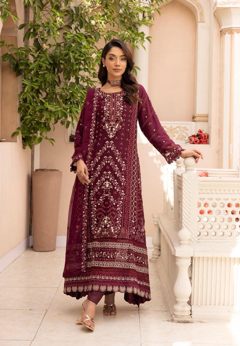 Maria B Inspired Mbroidered Chiffon 3 Piece Wedding Long Dress Maroon - Desi Posh
