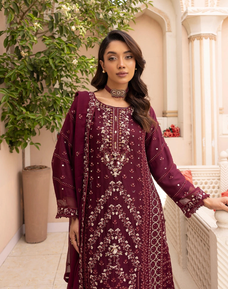 Maria B Inspired Mbroidered Chiffon 3 Piece Wedding Long Dress Maroon - Desi Posh