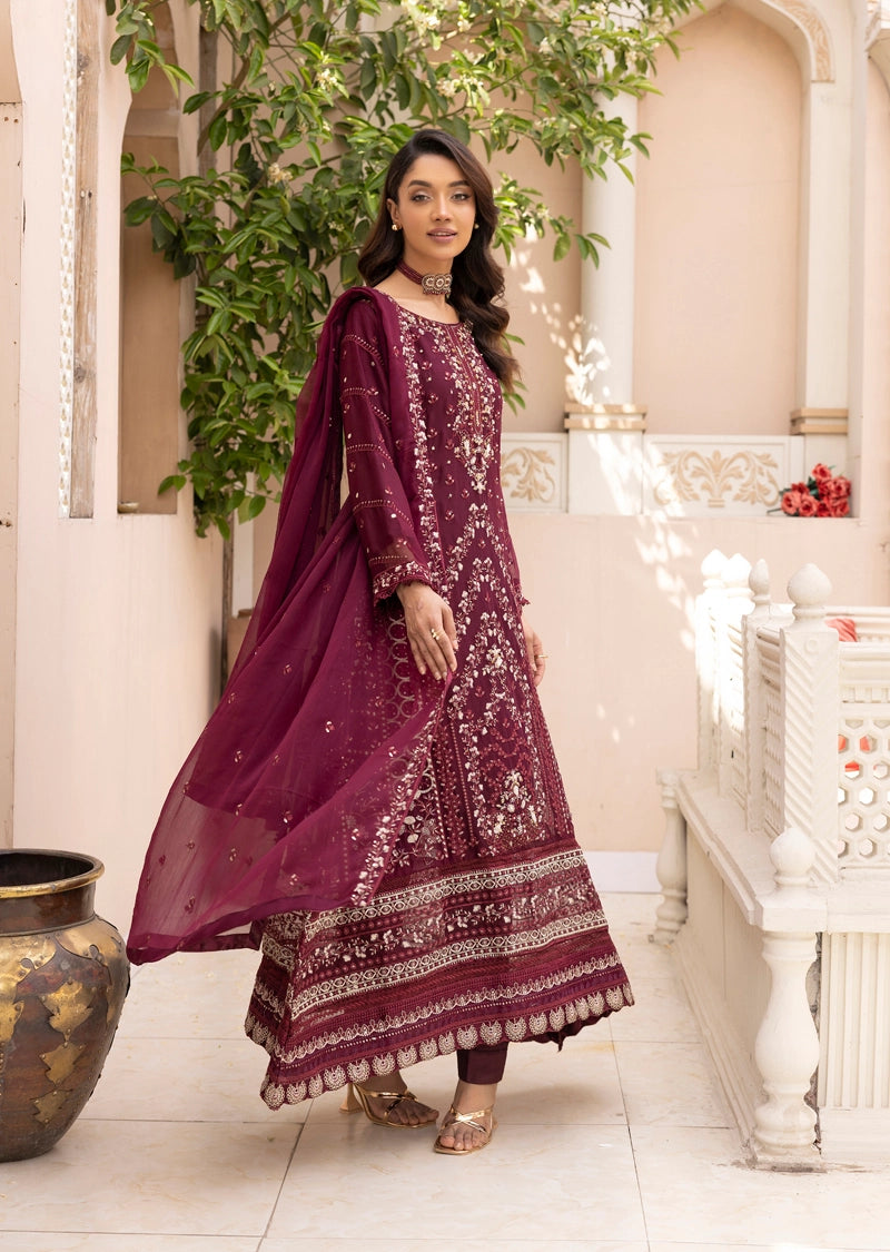Maria B Inspired Mbroidered Chiffon 3 Piece Wedding Long Dress Maroon - Desi Posh