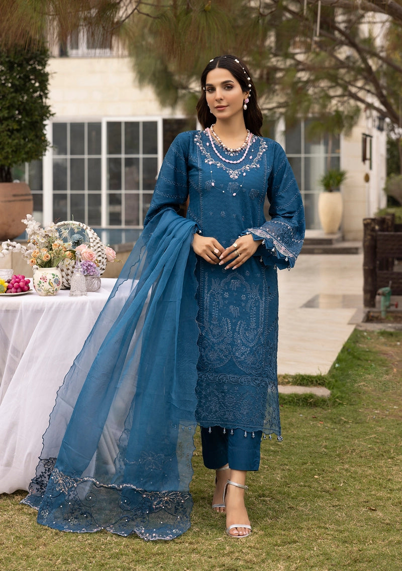 Ivana Luxe Chikan Embroidered 3 Piece Outfit With Net Dupatta AL1005 - Desi Posh