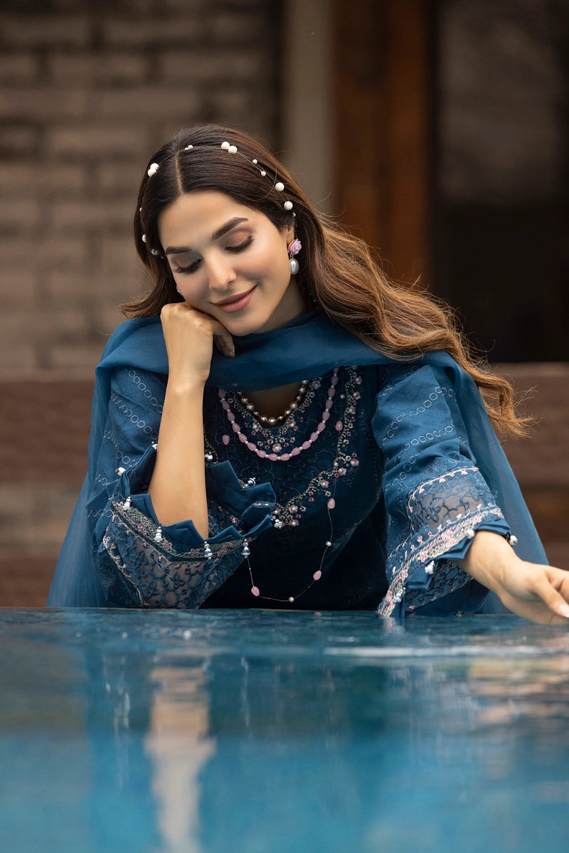 Ivana Luxe Chikan Embroidered 3 Piece Outfit With Net Dupatta AL1005 - Desi Posh