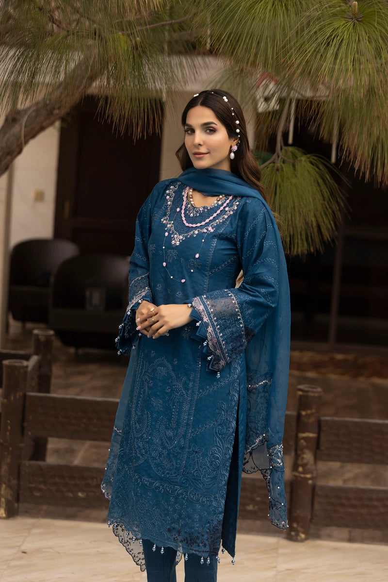 Ivana Luxe Chikan Embroidered 3 Piece Outfit With Net Dupatta AL1005 - Desi Posh