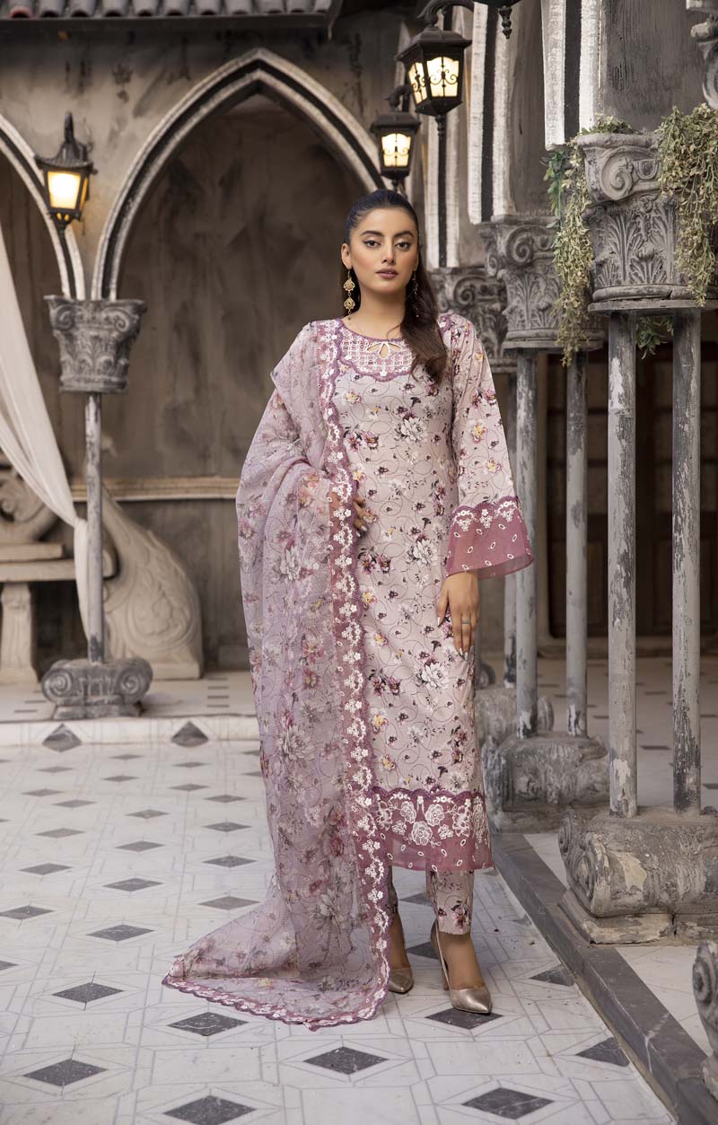 Ethnic Designer Ladies 3 Piece Dark Lilac Lawn Outfit with Embroidered Dupatta