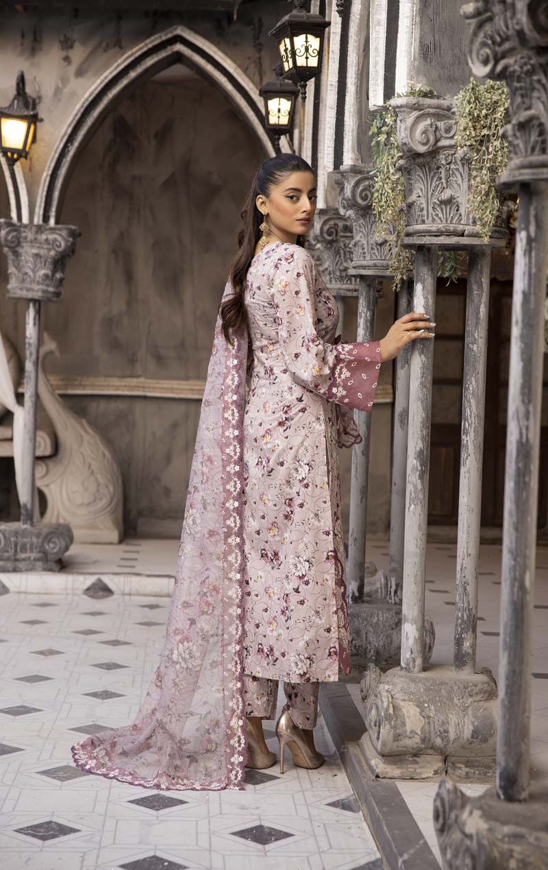 Ethnic Designer Ladies 3 Piece Dark Lilac Lawn Outfit with Embroidered Dupatta