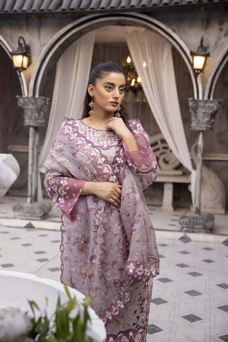 Ethnic Designer Ladies 3 Piece Dark Lilac Lawn Outfit with Embroidered Dupatta