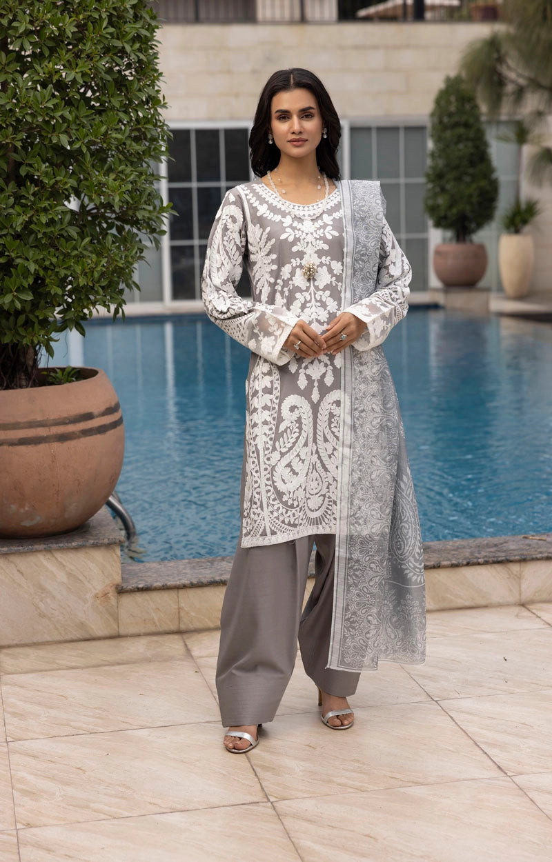 Jannat Farshi Salwar Ladies Linen Grey Embroidered Eid Outfit