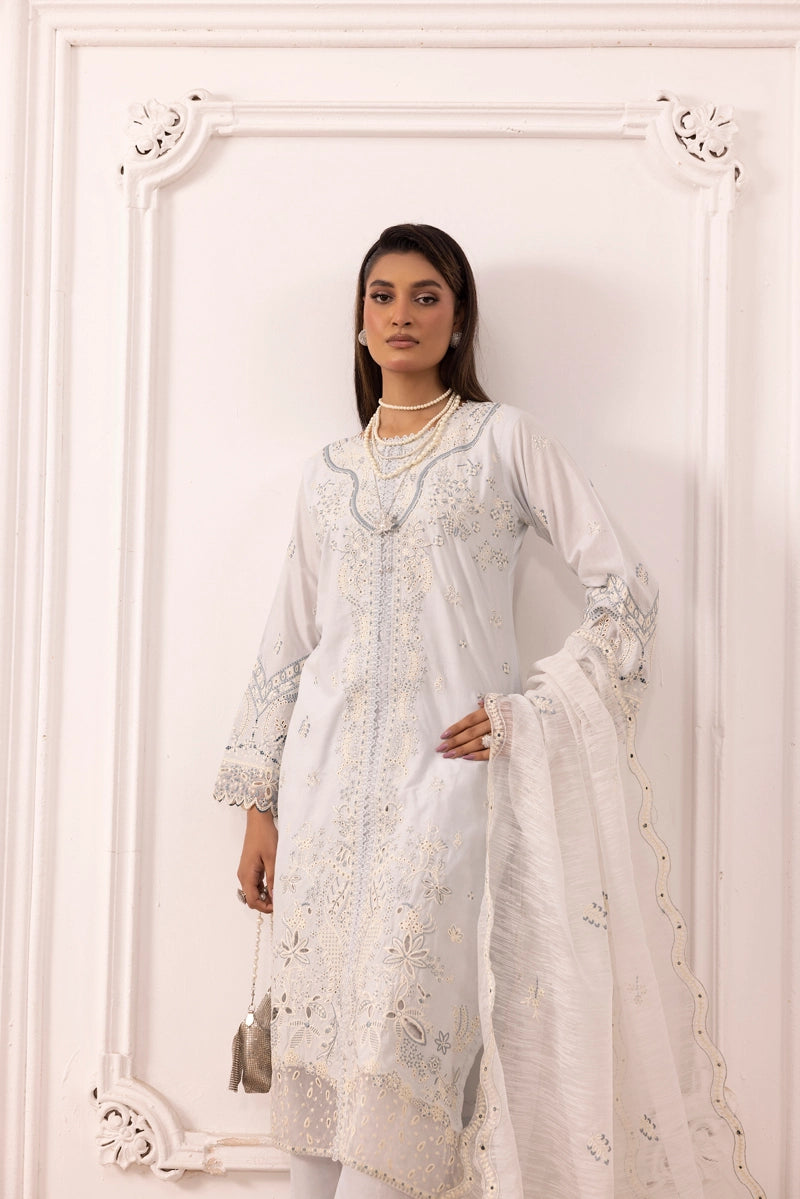Qalamkar Sahil Inspired Eid Collection 3 Piece Outfit With Net Dupatta FK10 Mint - Desi Posh