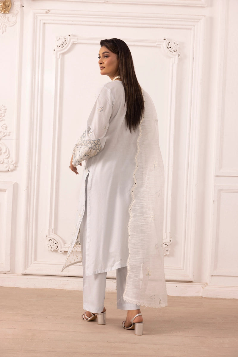 Qalamkar Sahil Inspired Eid Collection 3 Piece Outfit With Net Dupatta FK10 Mint - Desi Posh