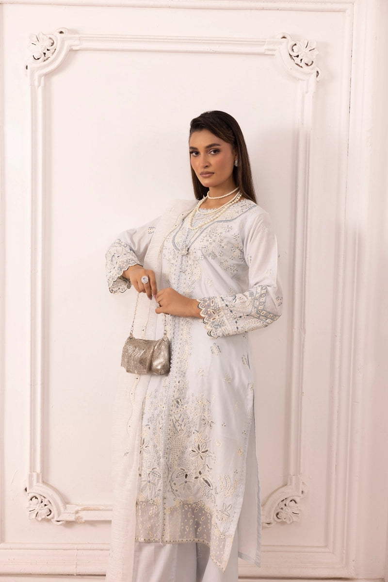 Qalamkar Sahil Inspired Eid Collection 3 Piece Outfit With Net Dupatta FK10 Mint - Desi Posh