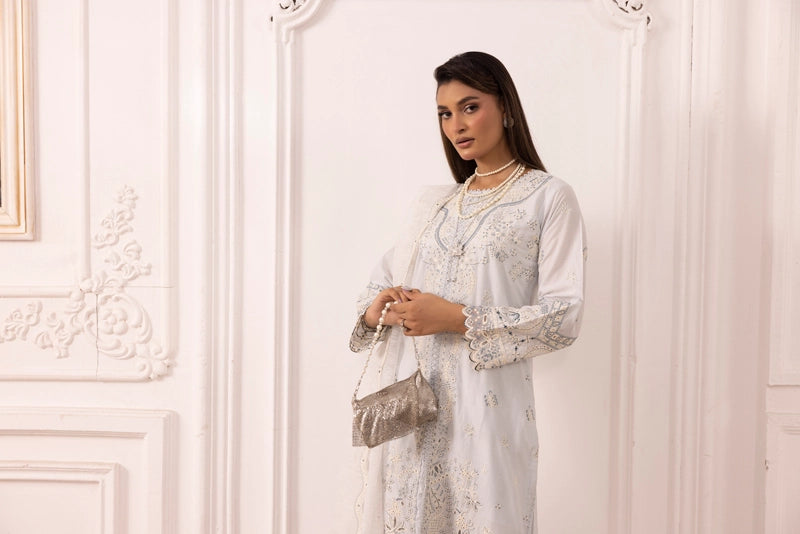 Qalamkar Sahil Inspired Eid Collection 3 Piece Outfit With Net Dupatta FK10 Mint - Desi Posh
