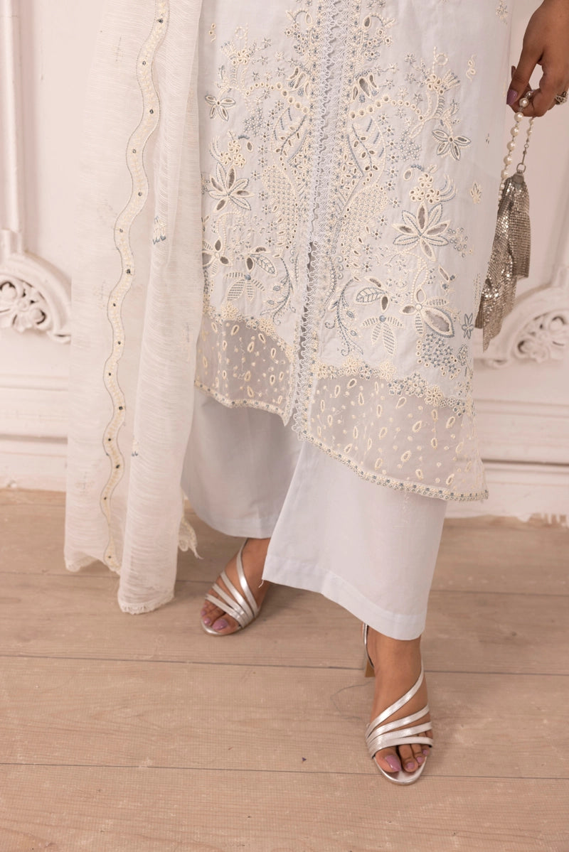 Qalamkar Sahil Inspired Eid Collection 3 Piece Outfit With Net Dupatta FK10 Mint - Desi Posh