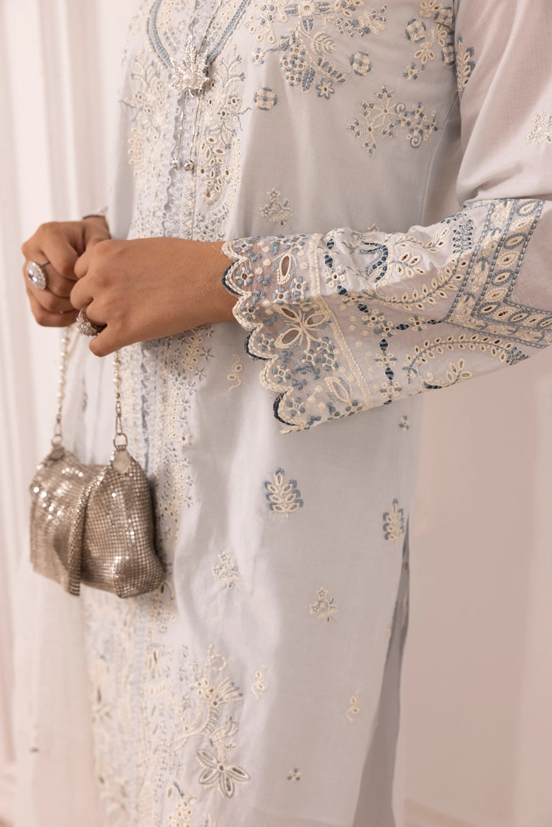Qalamkar Sahil Inspired Eid Collection 3 Piece Outfit With Net Dupatta FK10 Mint - Desi Posh