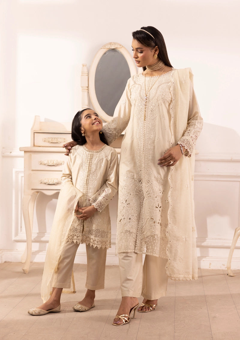 Qalamkar Sahil Inspired Mummy & Me Girls 3 Piece Outfit FK10 Cream