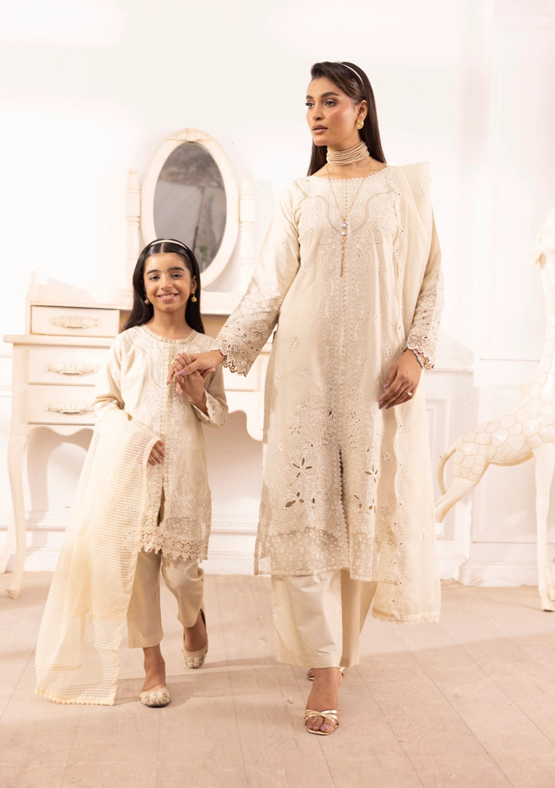 Qalamkar Sahil Inspired Mummy & Me Girls 3 Piece Outfit FK10 Cream