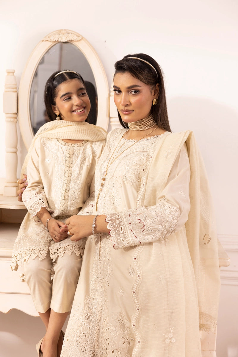 Qalamkar Sahil Inspired Mummy & Me Girls 3 Piece Outfit FK10 Cream