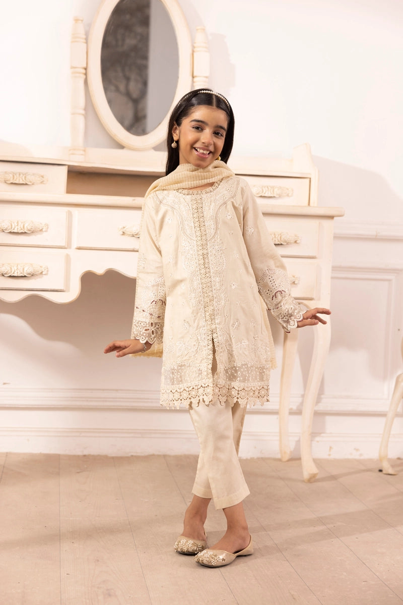 Qalamkar Sahil Inspired Mummy & Me Girls 3 Piece Outfit FK10 Cream