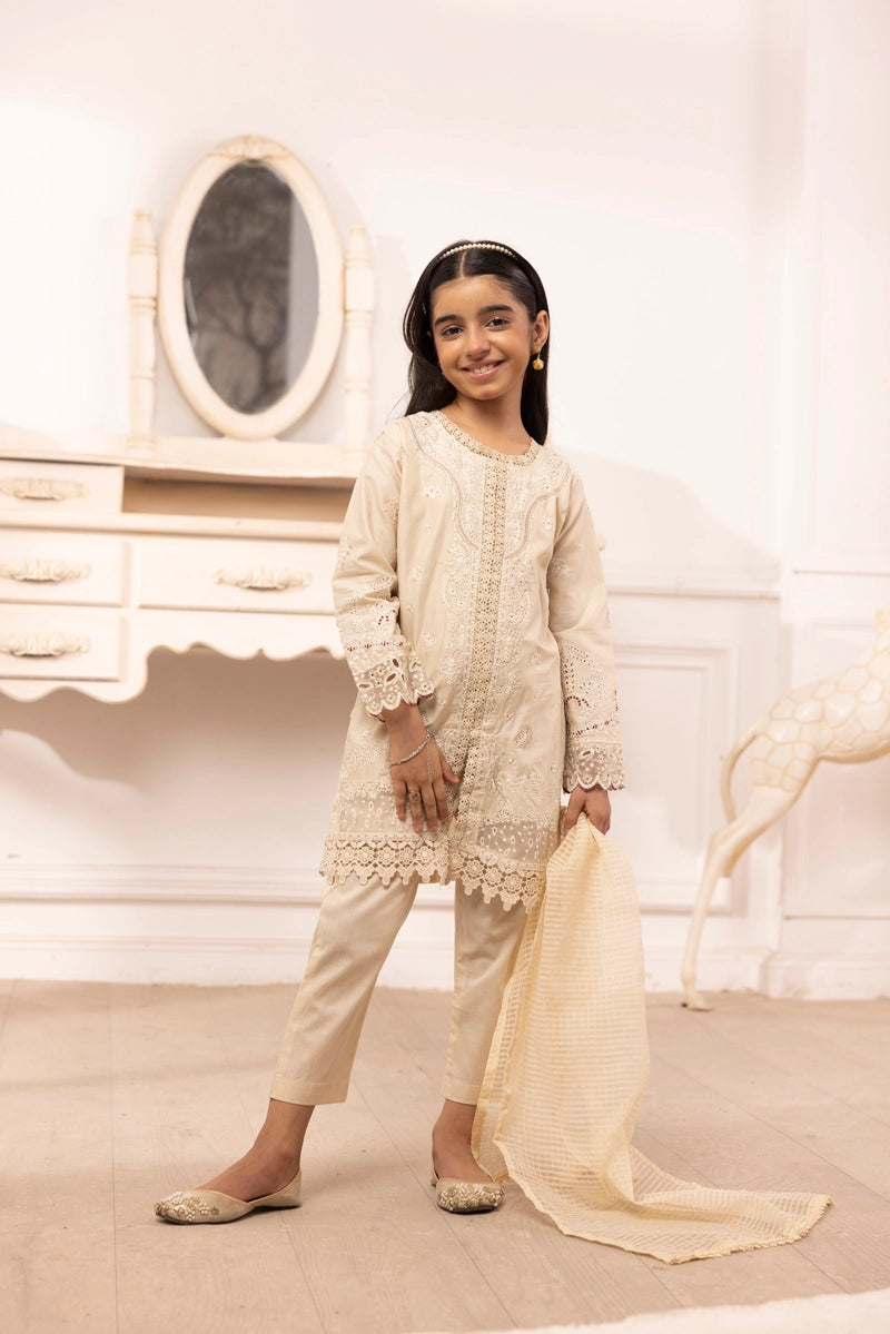 Qalamkar Sahil Inspired Mummy & Me Girls 3 Piece Outfit FK10 Cream
